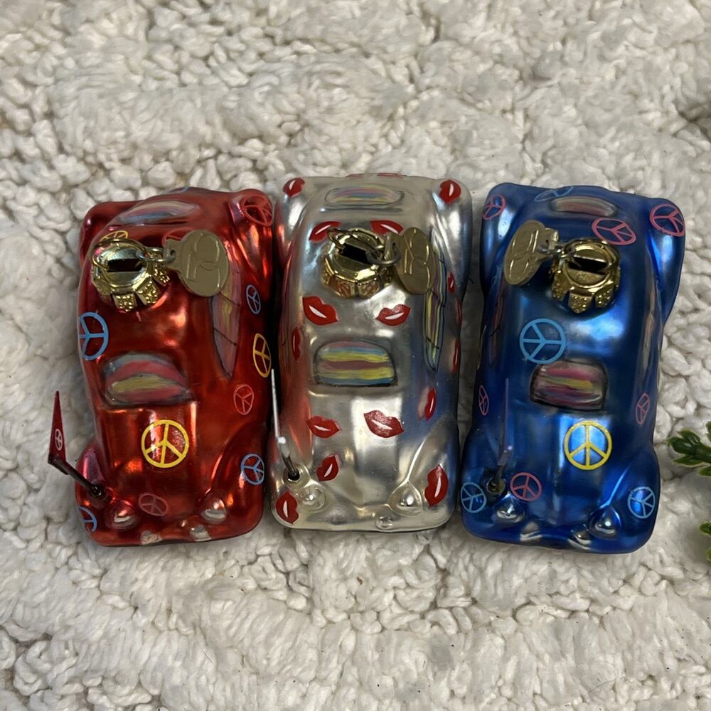 Dept 56 Set of 3 Glass Bug Beetle Car Ornaments Peace Lips Kiss Department - Picture 8 of 13